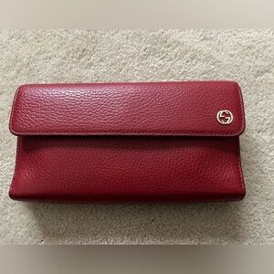 Gucci Red Pebbled Leather Interlocking G Trifold Long Wallet